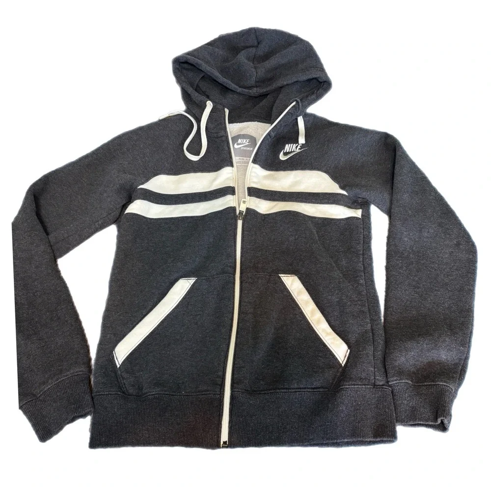 Nike Hoodie Youth Medium 8-10 Gray White Full Zip Y2K Vintage Striped Sportswear